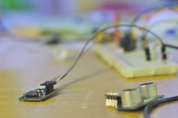 Close up of an ESP8266 module connect to a breadboard